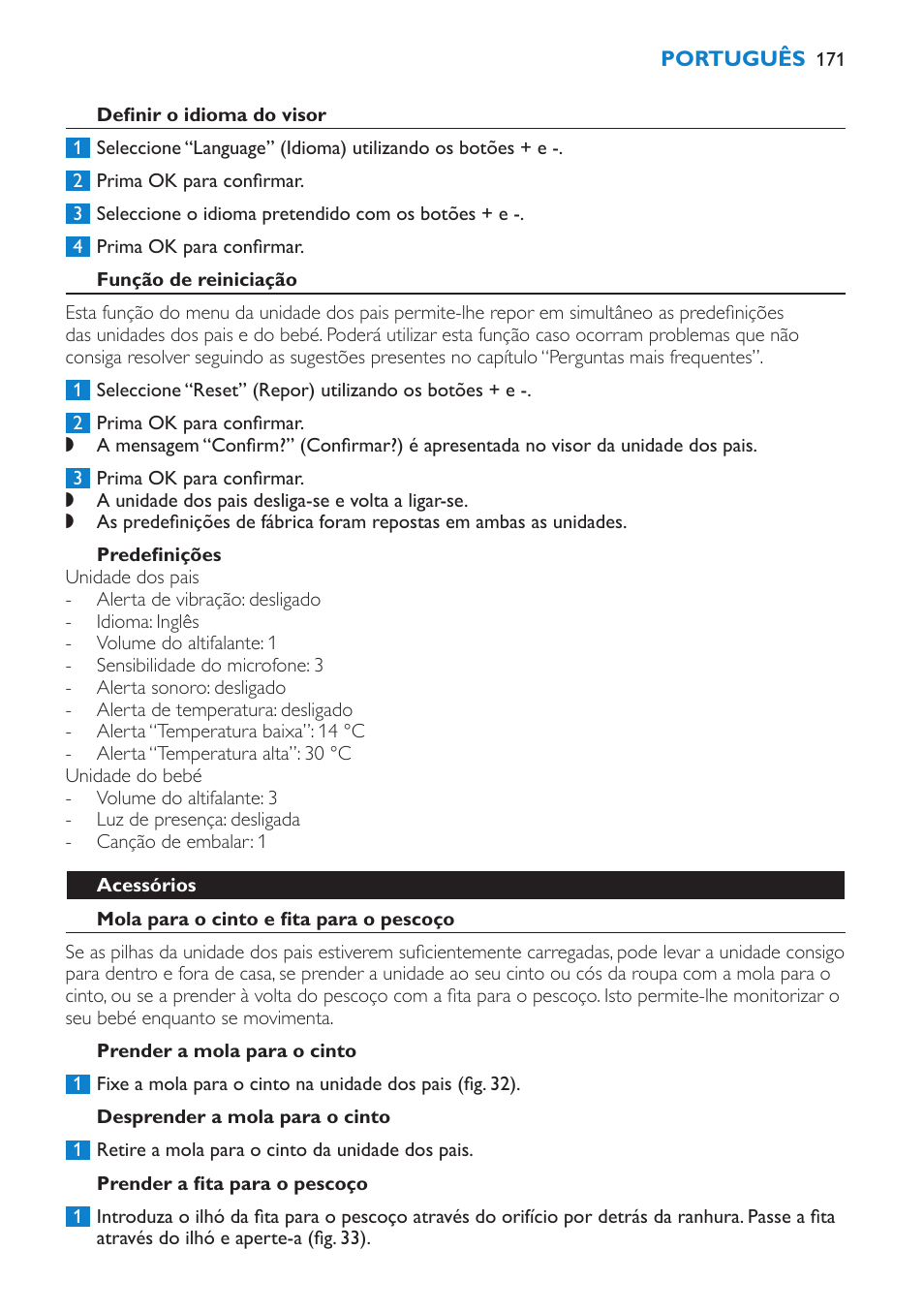 Definir o idioma do visor, Função de reiniciação, Predefinições | Acessórios, Mola para o cinto e fita para o pescoço, Prender a mola para o cinto, Desprender a mola para o cinto, Prender a fita para o pescoço | Philips AVENT Vigilabebés DECT User Manual | Page 171 / 212