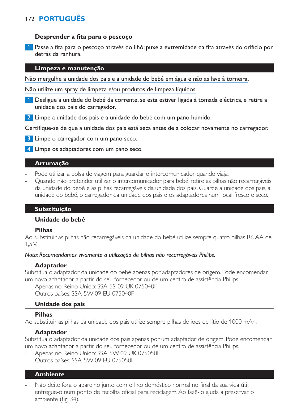 Desprender a fita para o pescoço, Limpeza e manutenção, Arrumação | Substituição, Unidade do bebé, Pilhas, Adaptador, Unidade dos pais | Philips AVENT Vigilabebés DECT User Manual | Page 172 / 212