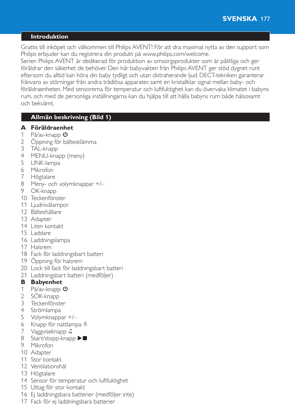 Svenska, Introduktion, Allmän beskrivning (bild 1) | Philips AVENT Vigilabebés DECT User Manual | Page 177 / 212