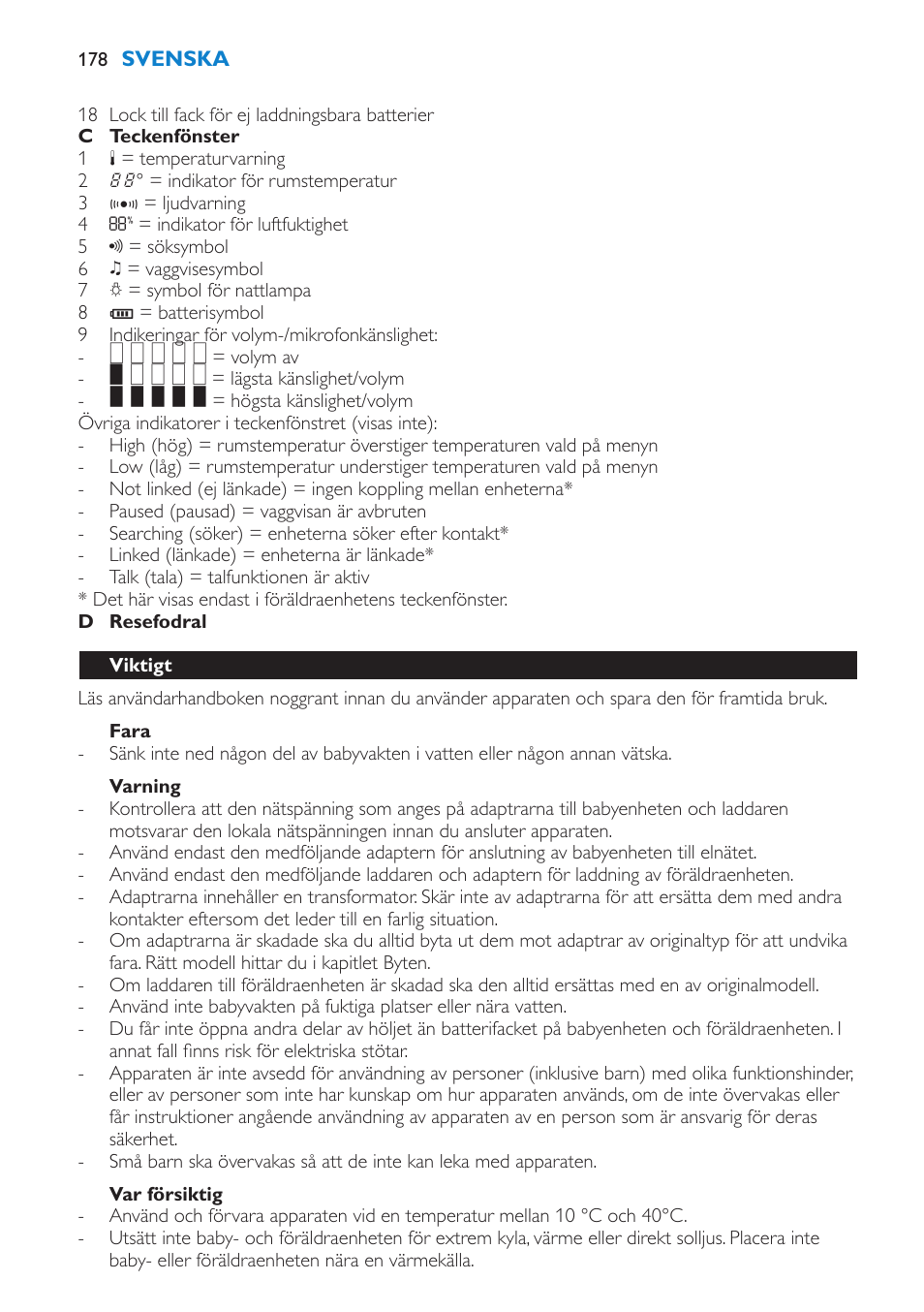 Fara, Varning, Var försiktig | Viktigt | Philips AVENT Vigilabebés DECT User Manual | Page 178 / 212