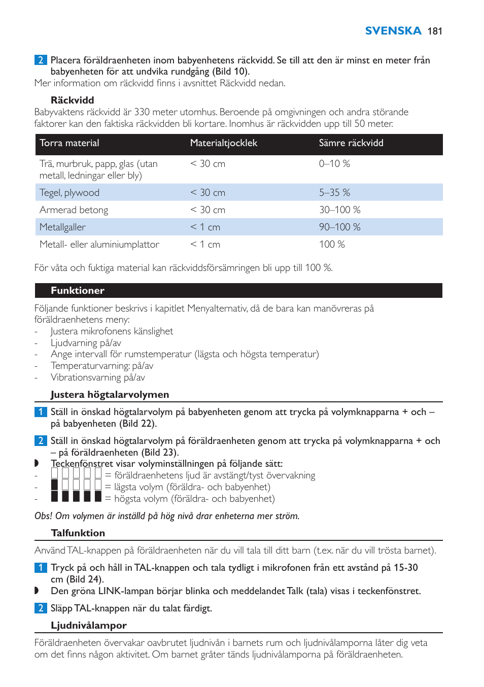 Placering av babyvakten, Räckvidd, Funktioner | Justera högtalarvolymen, Talfunktion | Philips AVENT Vigilabebés DECT User Manual | Page 181 / 212