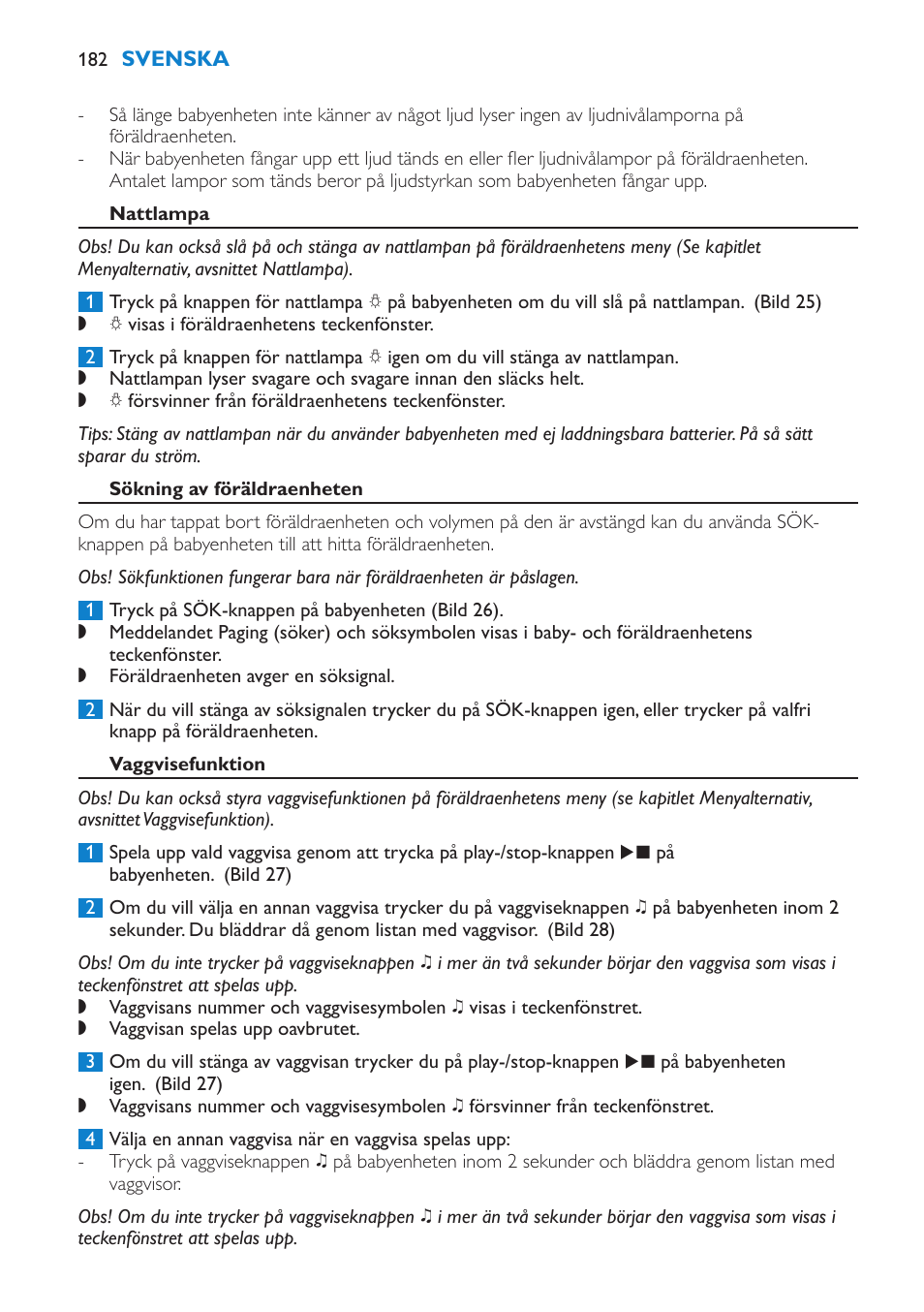Ljudnivålampor, Nattlampa, Sökning av föräldraenheten | Vaggvisefunktion | Philips AVENT Vigilabebés DECT User Manual | Page 182 / 212