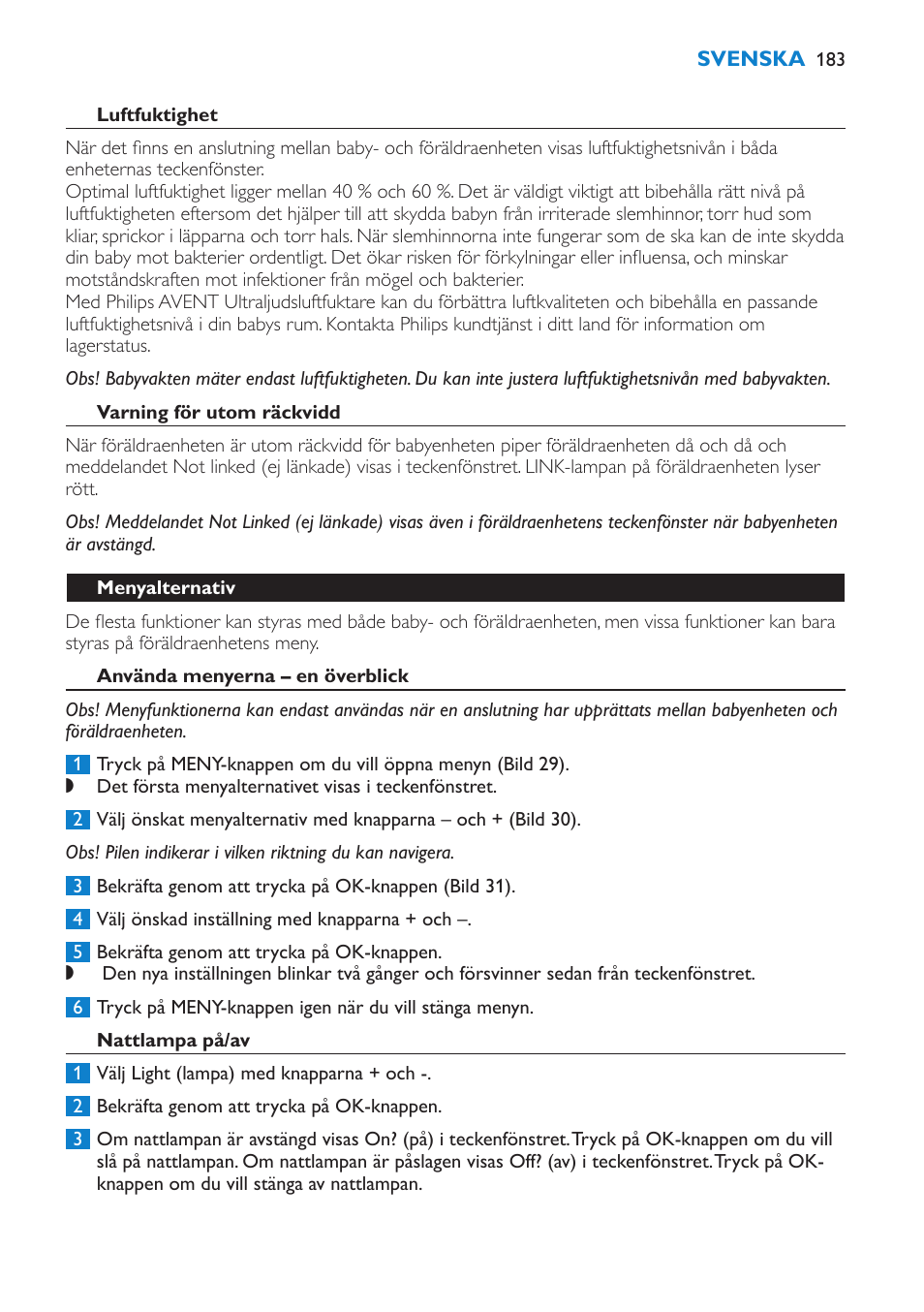 Luftfuktighet, Varning för utom räckvidd, Menyalternativ | Använda menyerna – en överblick, Nattlampa på/av | Philips AVENT Vigilabebés DECT User Manual | Page 183 / 212