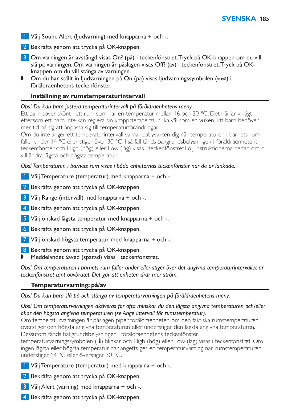 Inställning av rumstemperaturintervall, Temperaturvarning: på/av | Philips AVENT Vigilabebés DECT User Manual | Page 185 / 212