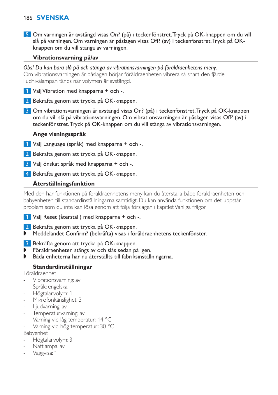 Vibrationsvarning på/av, Ange visningsspråk, Återställningsfunktion | Standardinställningar | Philips AVENT Vigilabebés DECT User Manual | Page 186 / 212