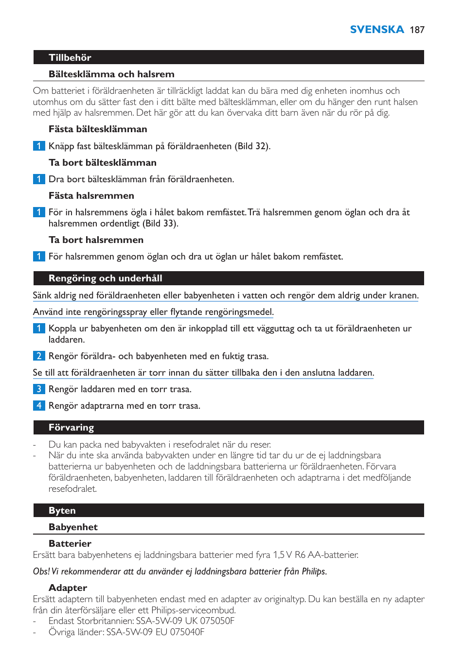 Tillbehör, Bältesklämma och halsrem, Fästa bältesklämman | Ta bort bältesklämman, Fästa halsremmen, Ta bort halsremmen, Rengöring och underhåll, Förvaring, Byten, Babyenhet | Philips AVENT Vigilabebés DECT User Manual | Page 187 / 212