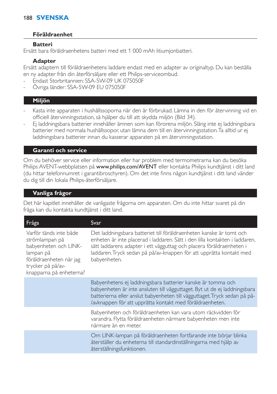 Föräldraenhet, Batteri, Adapter | Miljön, Garanti och service, Vanliga frågor | Philips AVENT Vigilabebés DECT User Manual | Page 188 / 212