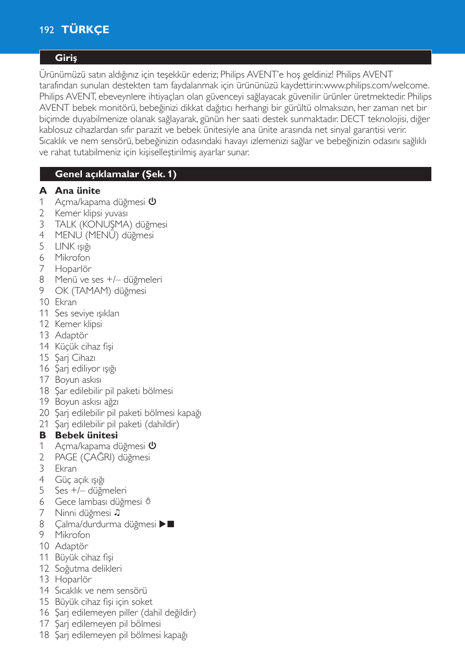 Türkçe, Giriş, Genel açıklamalar (şek. 1) | Philips AVENT Vigilabebés DECT User Manual | Page 192 / 212