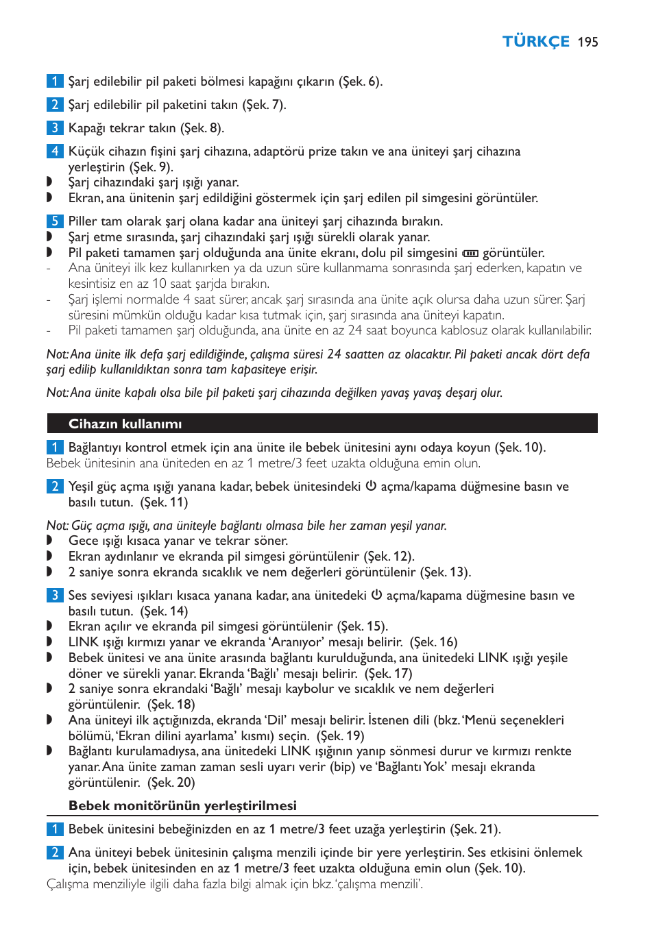 Cihazın kullanımı, Bebek monitörünün yerleştirilmesi | Philips AVENT Vigilabebés DECT User Manual | Page 195 / 212
