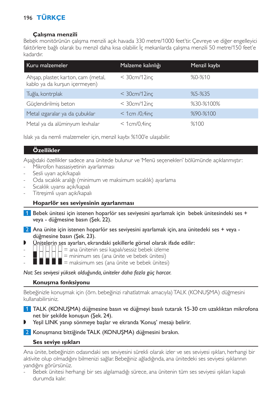Çalışma menzili, Özellikler, Hoparlör ses seviyesinin ayarlanması | Konuşma fonksiyonu | Philips AVENT Vigilabebés DECT User Manual | Page 196 / 212