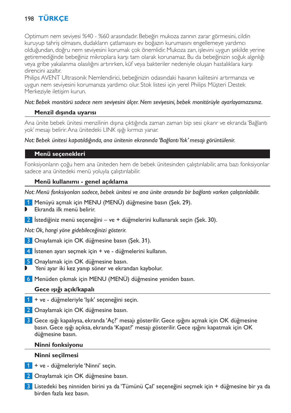 Menzil dışında uyarısı, Menü seçenekleri, Menü kullanımı - genel açıklama | Gece ışığı açık/kapalı | Philips AVENT Vigilabebés DECT User Manual | Page 198 / 212