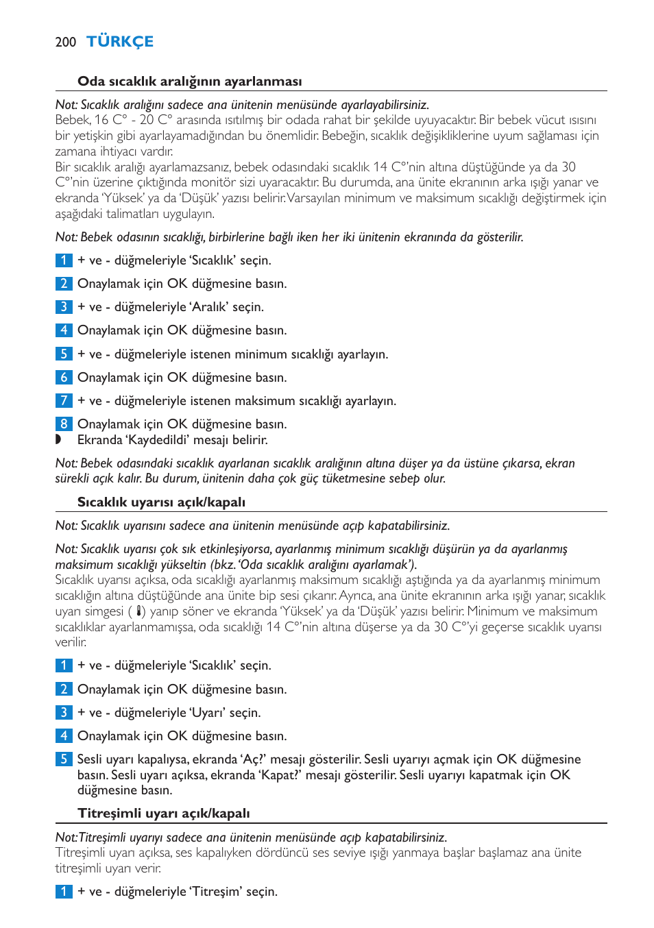 Oda sıcaklık aralığının ayarlanması, Sıcaklık uyarısı açık/kapalı | Philips AVENT Vigilabebés DECT User Manual | Page 200 / 212