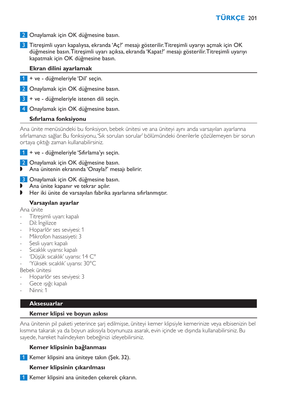 Titreşimli uyarı açık/kapalı, Ekran dilini ayarlamak, Sıfırlama fonksiyonu | Varsayılan ayarlar | Philips AVENT Vigilabebés DECT User Manual | Page 201 / 212