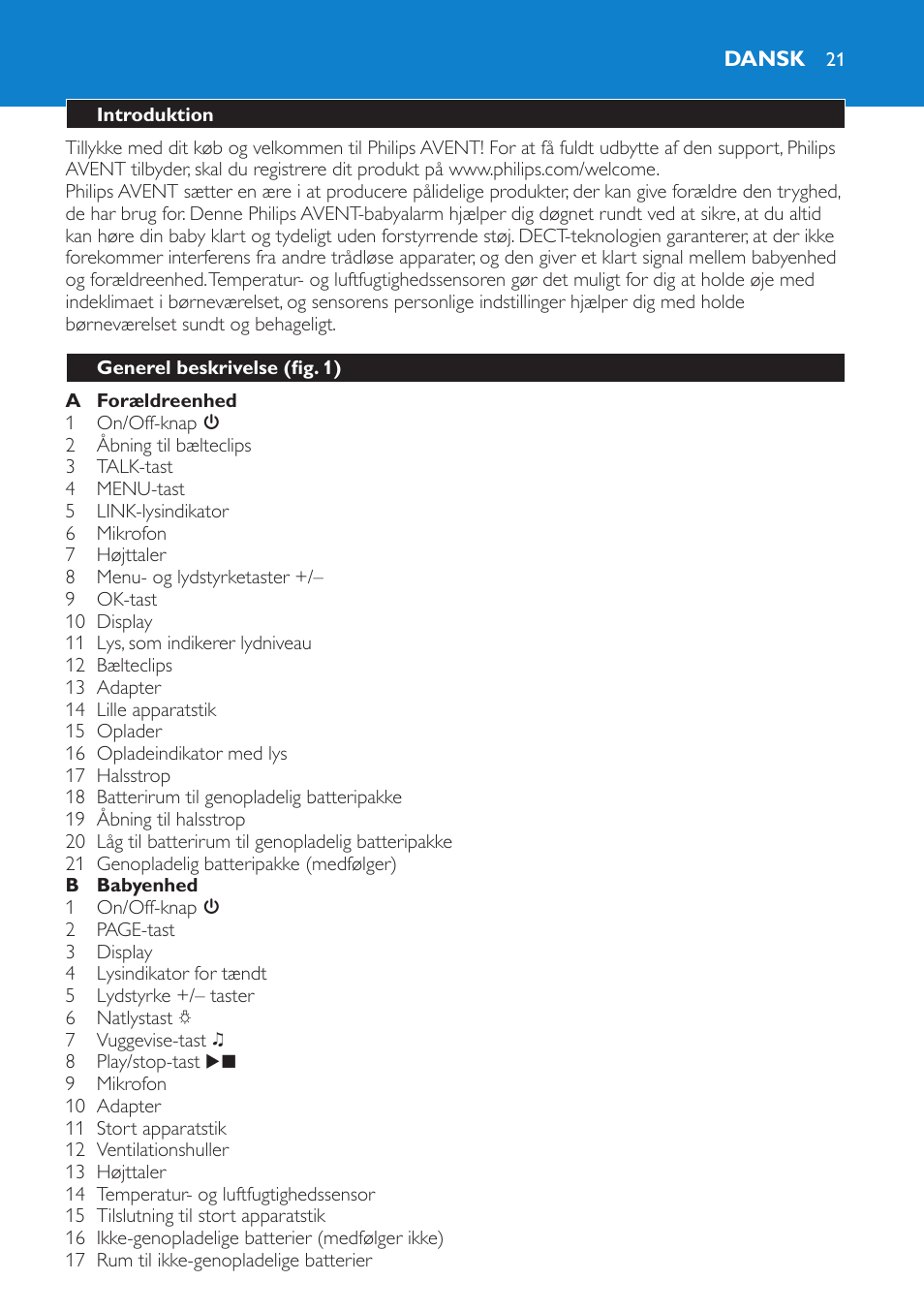 Dansk, Introduktion, Generel beskrivelse (fig. 1) | Philips AVENT Vigilabebés DECT User Manual | Page 21 / 212