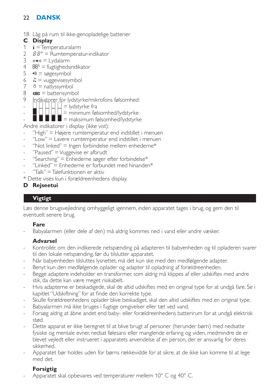 Fare, Advarsel, Vigtigt | Philips AVENT Vigilabebés DECT User Manual | Page 22 / 212
