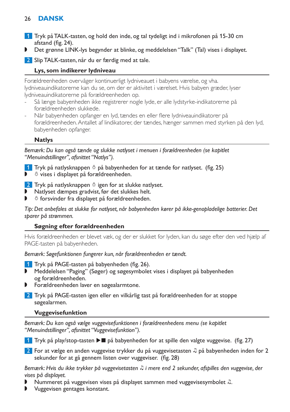 Talefunktion, Lys, som indikerer lydniveau, Natlys | Søgning efter forældreenheden, Vuggevisefunktion | Philips AVENT Vigilabebés DECT User Manual | Page 26 / 212