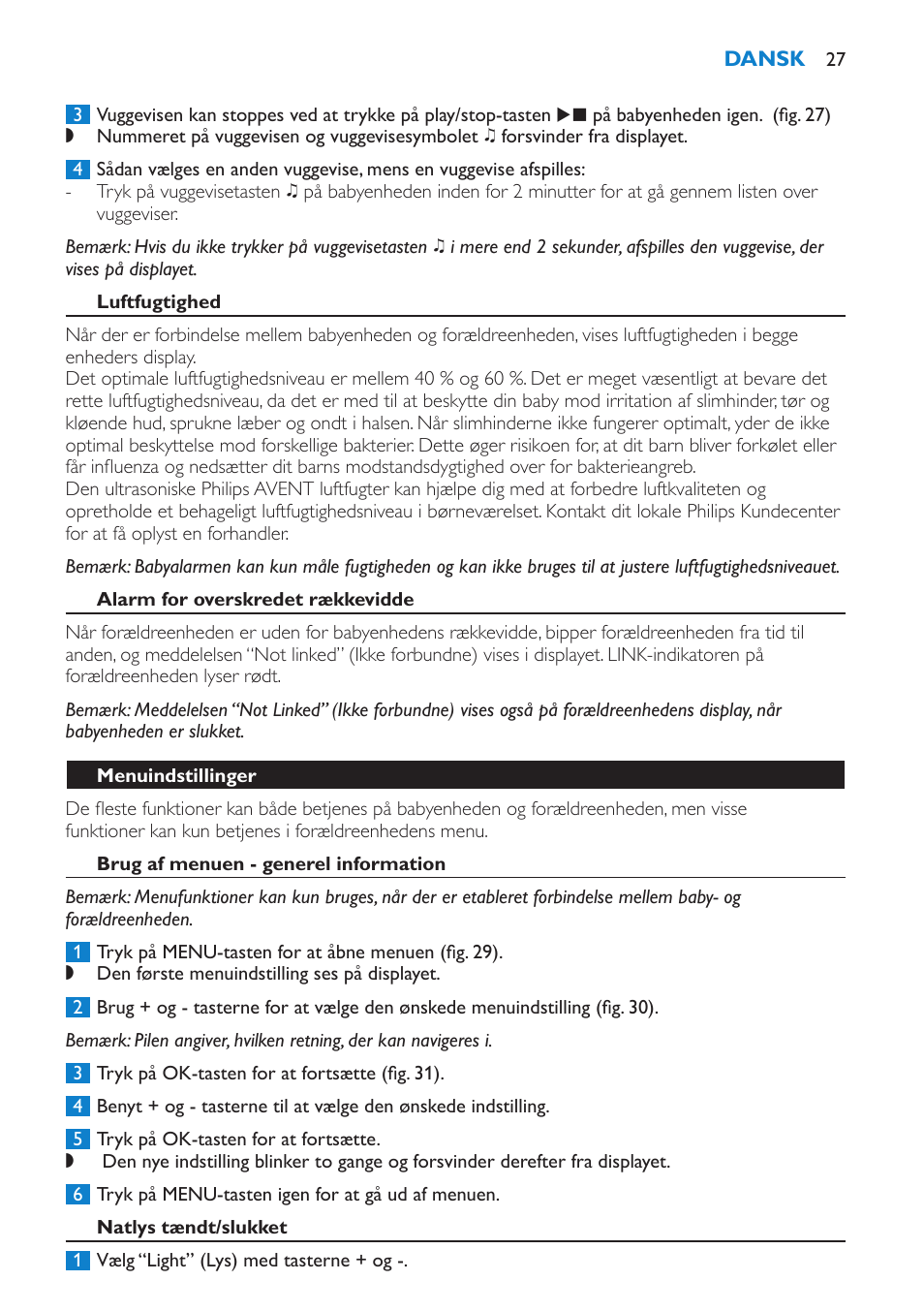 Luftfugtighed, Alarm for overskredet rækkevidde, Menuindstillinger | Brug af menuen - generel information | Philips AVENT Vigilabebés DECT User Manual | Page 27 / 212