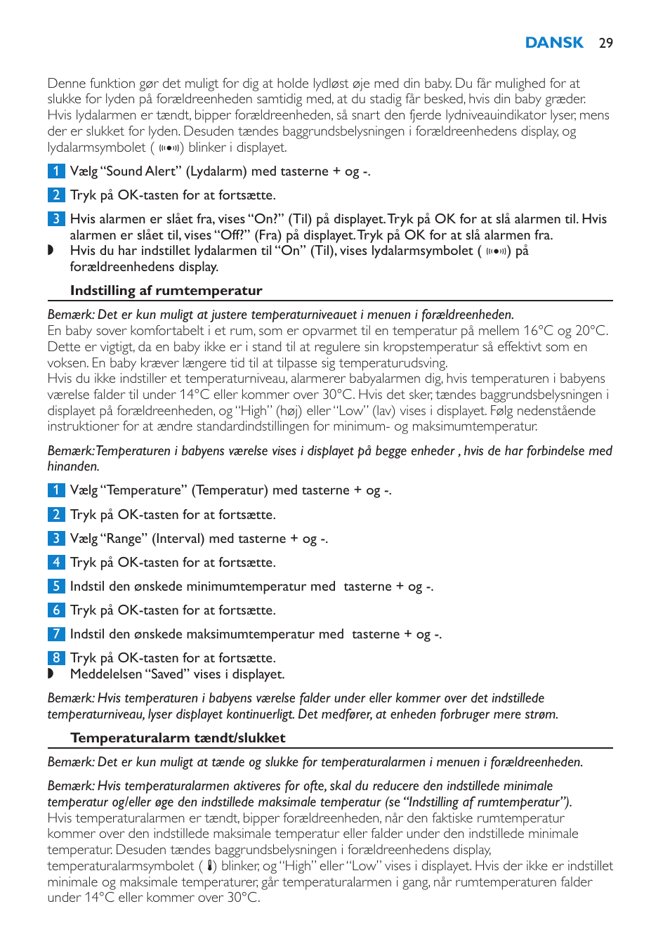 Lydalarm tændt/slukket, Indstilling af rumtemperatur, Temperaturalarm tændt/slukket | Philips AVENT Vigilabebés DECT User Manual | Page 29 / 212
