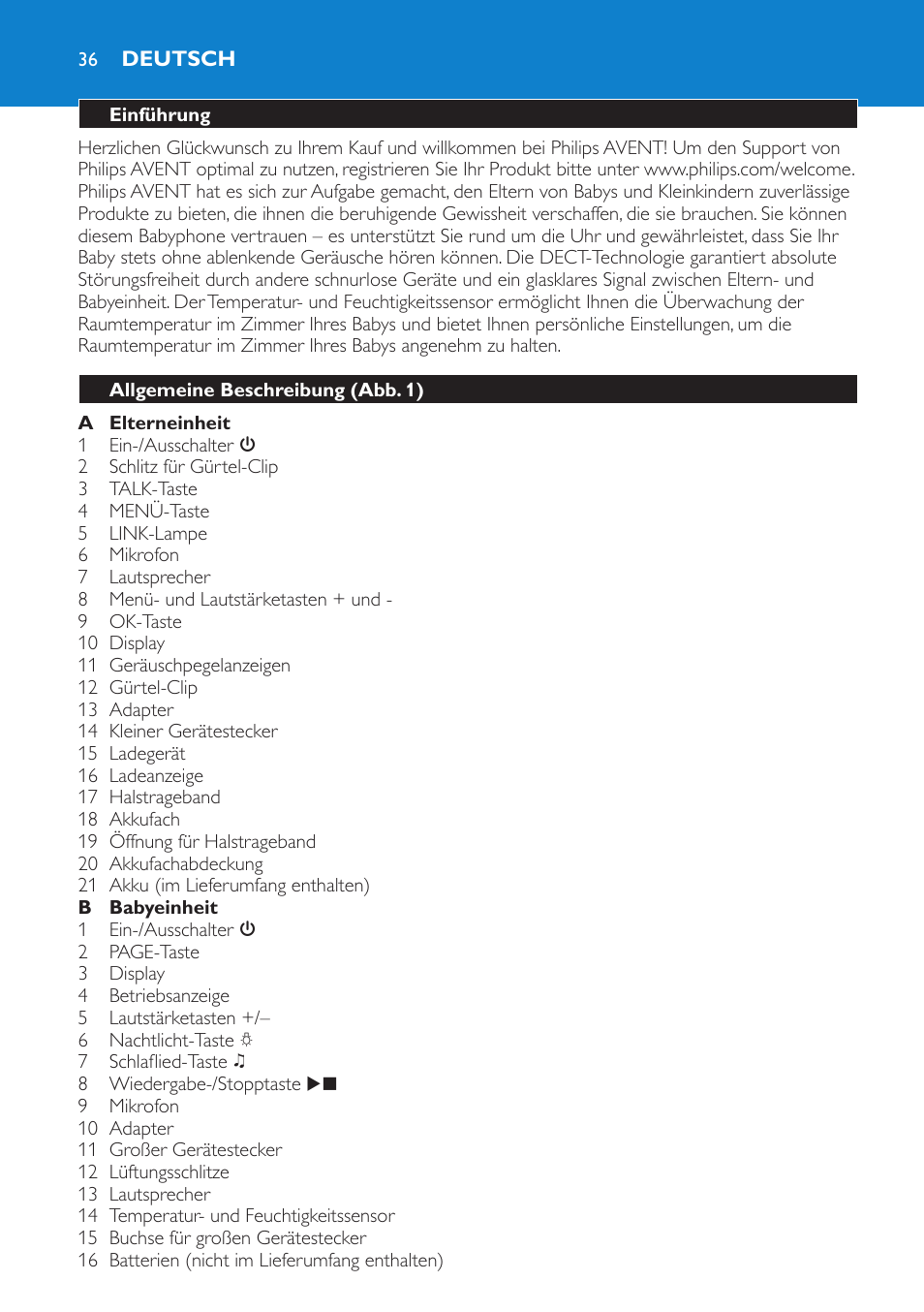 Deutsch, Einführung, Allgemeine beschreibung (abb. 1) | Philips AVENT Vigilabebés DECT User Manual | Page 36 / 212