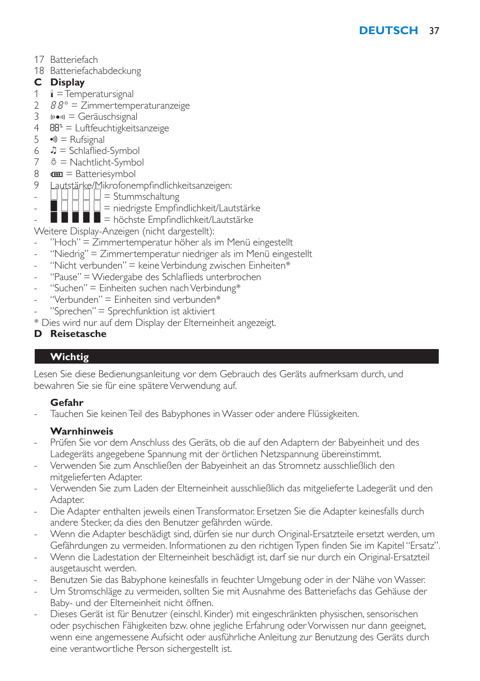 Gefahr, Warnhinweis, Wichtig | Philips AVENT Vigilabebés DECT User Manual | Page 37 / 212