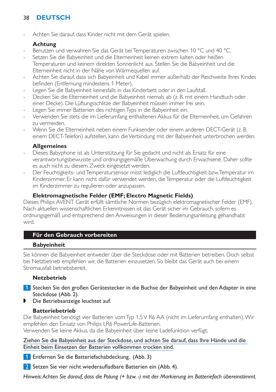 Achtung, Allgemeines, Für den gebrauch vorbereiten | Babyeinheit, Netzbetrieb, Batteriebetrieb | Philips AVENT Vigilabebés DECT User Manual | Page 38 / 212
