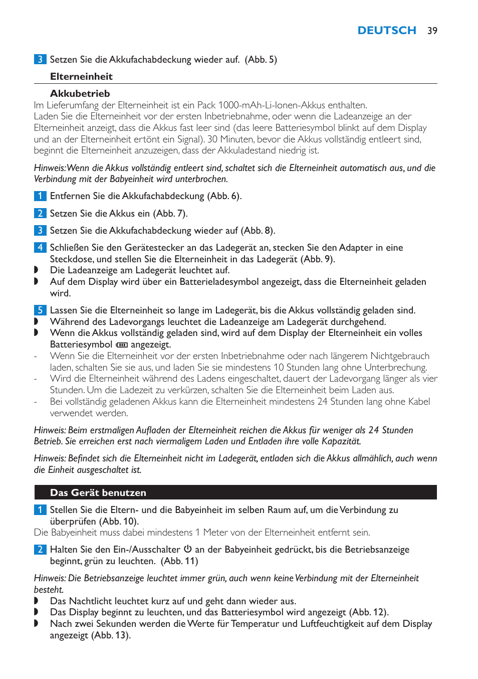 Elterneinheit, Akkubetrieb, Das gerät benutzen | Philips AVENT Vigilabebés DECT User Manual | Page 39 / 212