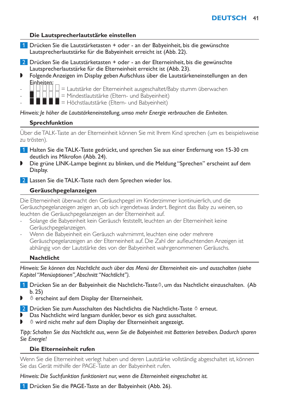 Die lautsprecherlautstärke einstellen, Sprechfunktion, Geräuschpegelanzeigen | Nachtlicht, Die elterneinheit rufen | Philips AVENT Vigilabebés DECT User Manual | Page 41 / 212