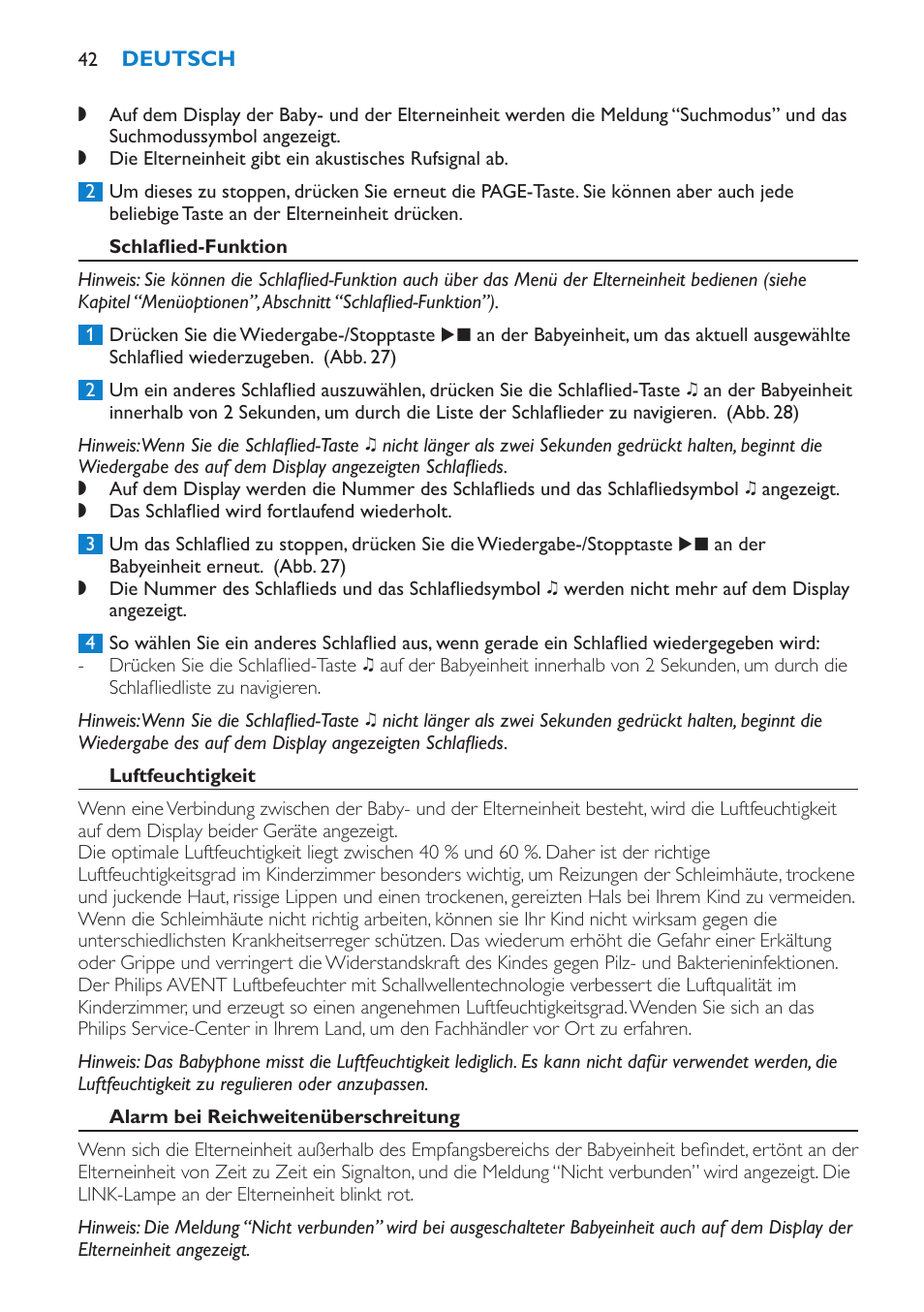 Schlaflied-funktion, Luftfeuchtigkeit, Alarm bei reichweitenüberschreitung | Philips AVENT Vigilabebés DECT User Manual | Page 42 / 212