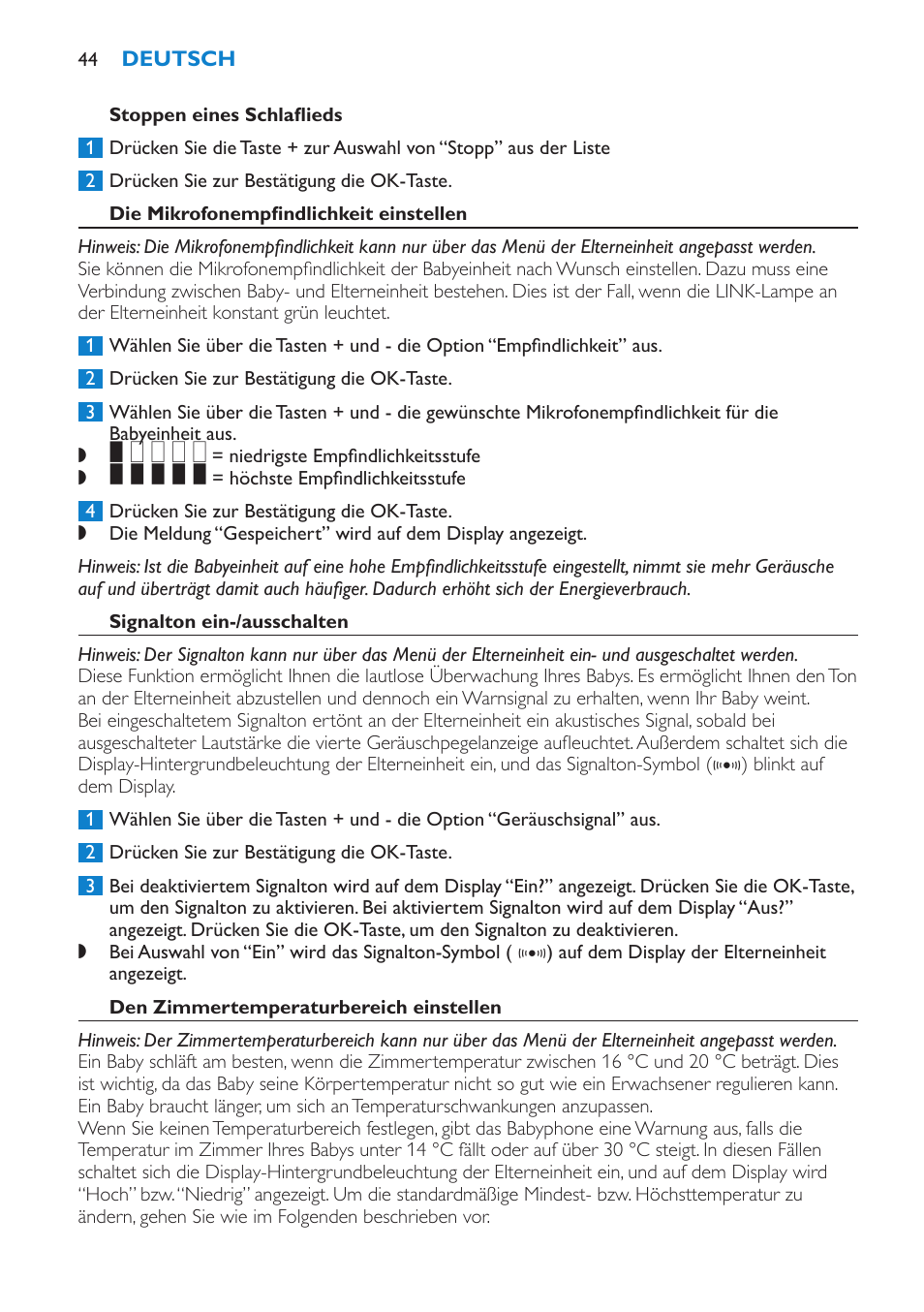 Stoppen eines schlaflieds, Die mikrofonempfindlichkeit einstellen, Signalton ein-/ausschalten | Den zimmertemperaturbereich einstellen | Philips AVENT Vigilabebés DECT User Manual | Page 44 / 212