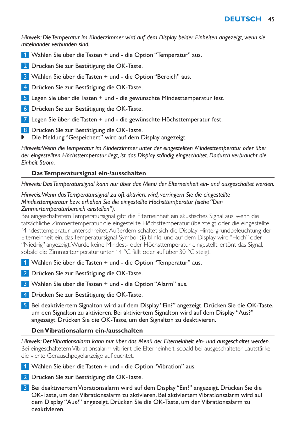 Das temperatursignal ein-/ausschalten, Den vibrationsalarm ein-/ausschalten | Philips AVENT Vigilabebés DECT User Manual | Page 45 / 212