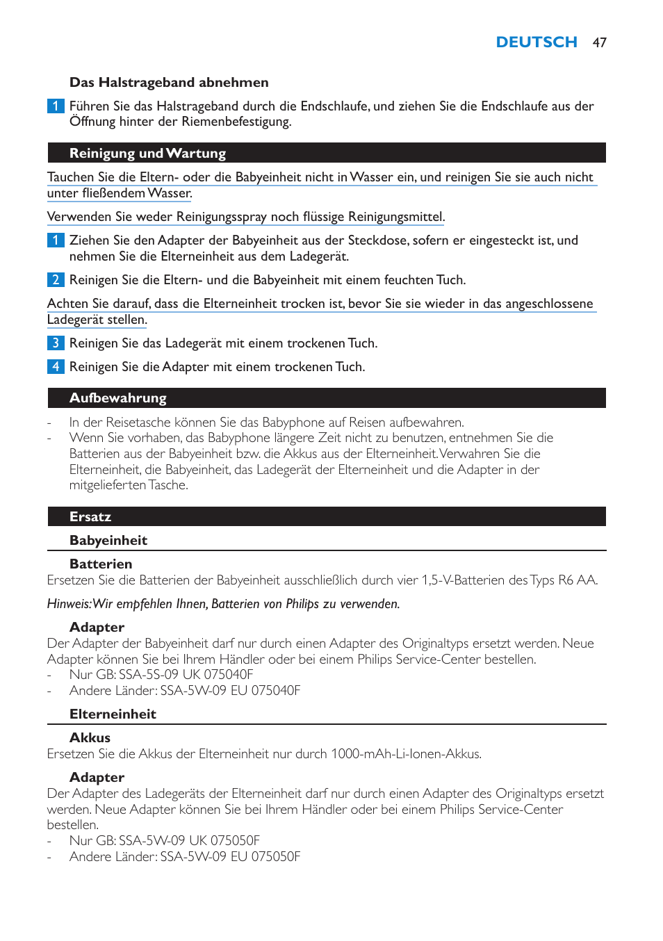 Das halstrageband abnehmen, Reinigung und wartung, Aufbewahrung | Ersatz, Babyeinheit, Batterien, Adapter, Elterneinheit, Akkus | Philips AVENT Vigilabebés DECT User Manual | Page 47 / 212