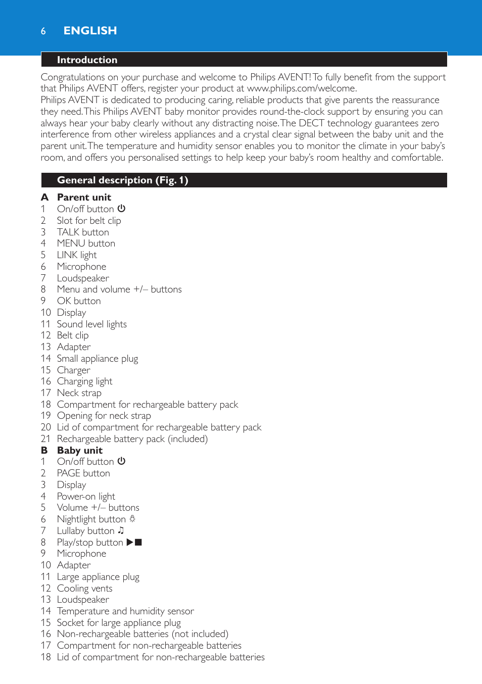 English, Introduction, General description (fig. 1) | Philips AVENT Vigilabebés DECT User Manual | Page 6 / 212