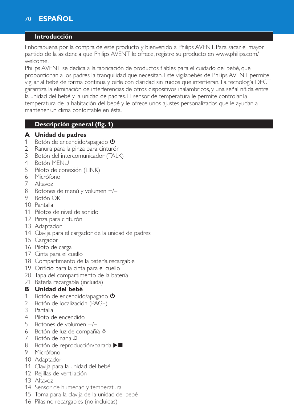 Español, Introducción, Descripción general (fig. 1) | Philips AVENT Vigilabebés DECT User Manual | Page 70 / 212
