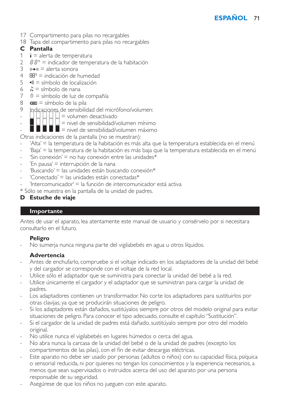 Peligro, Advertencia, Importante | Philips AVENT Vigilabebés DECT User Manual | Page 71 / 212