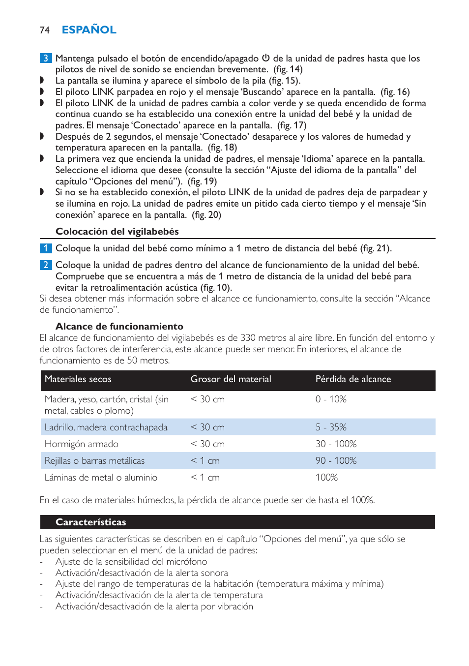 Colocación del vigilabebés, Alcance de funcionamiento, Características | Philips AVENT Vigilabebés DECT User Manual | Page 74 / 212