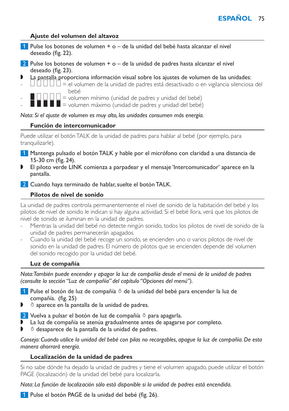 Ajuste del volumen del altavoz, Función de intercomunicador, Pilotos de nivel de sonido | Luz de compañía, Localización de la unidad de padres | Philips AVENT Vigilabebés DECT User Manual | Page 75 / 212