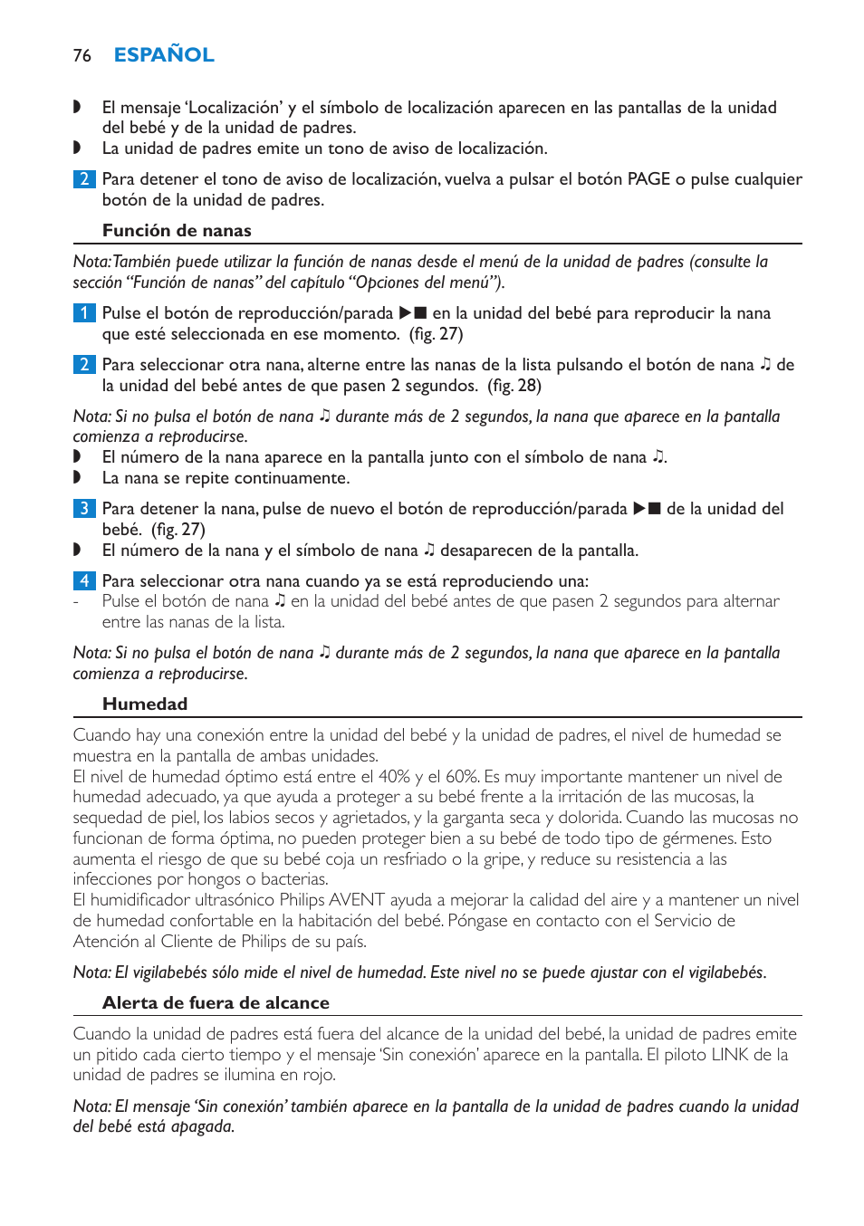 Función de nanas, Humedad, Alerta de fuera de alcance | Philips AVENT Vigilabebés DECT User Manual | Page 76 / 212