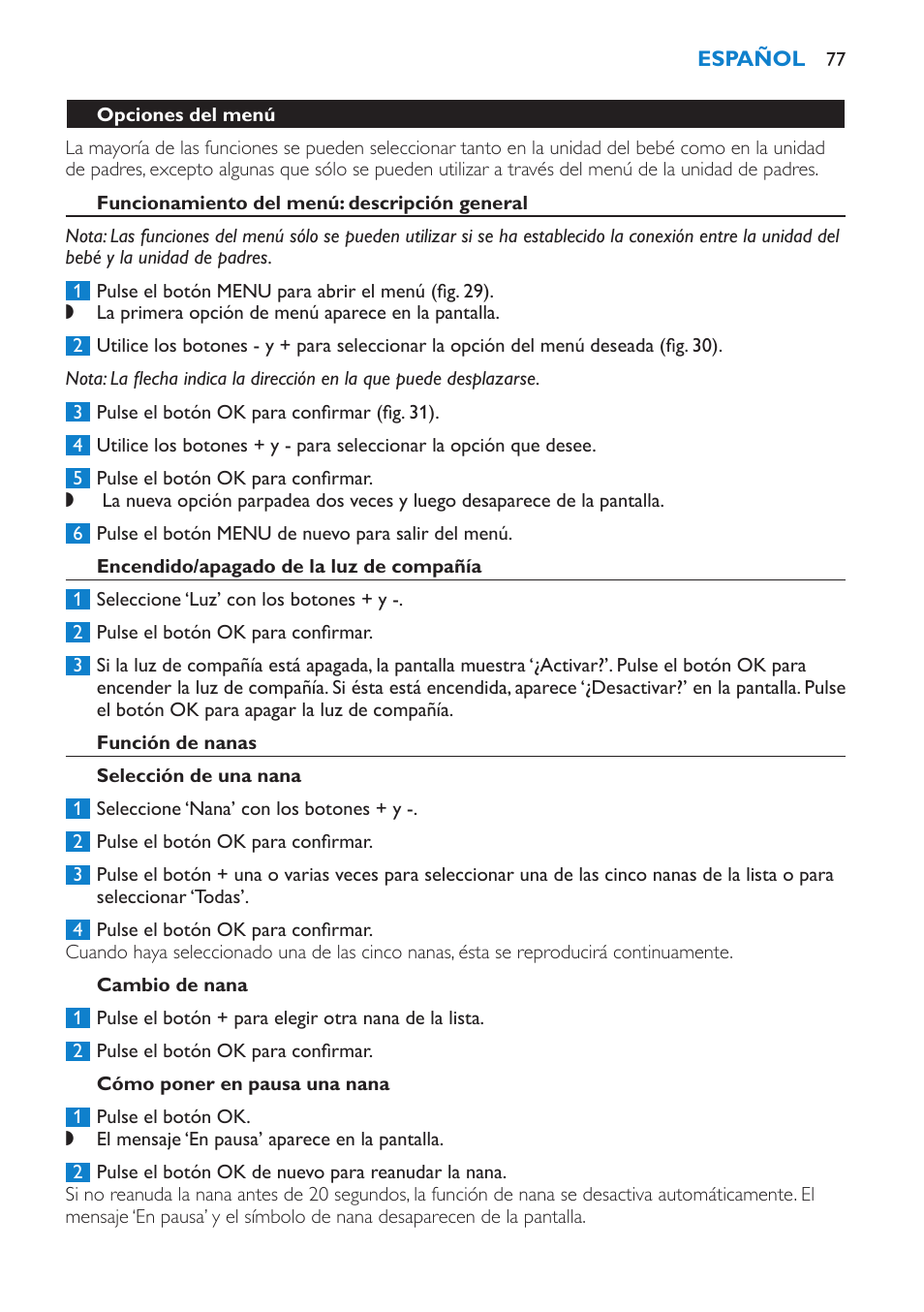 Opciones del menú, Funcionamiento del menú: descripción general, Encendido/apagado de la luz de compañía | Función de nanas, Selección de una nana, Cambio de nana, Cómo poner en pausa una nana | Philips AVENT Vigilabebés DECT User Manual | Page 77 / 212