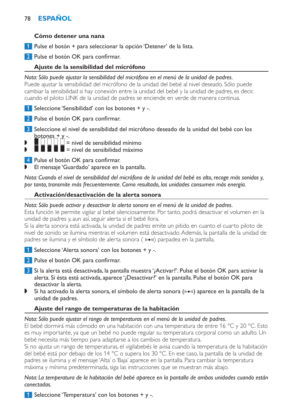 Cómo detener una nana, Ajuste de la sensibilidad del micrófono, Activación/desactivación de la alerta sonora | Ajuste del rango de temperaturas de la habitación | Philips AVENT Vigilabebés DECT User Manual | Page 78 / 212