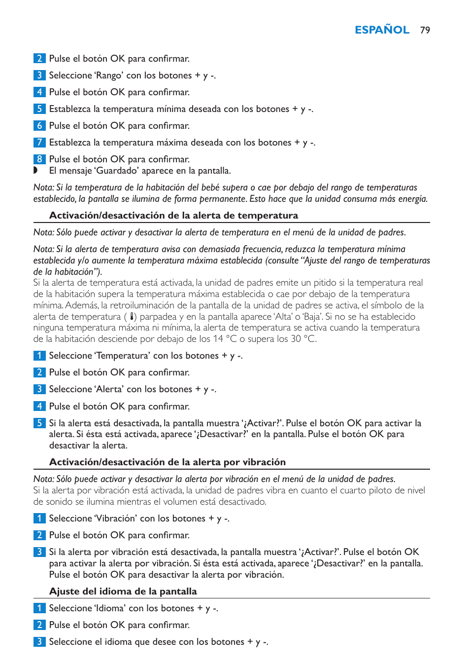 Ajuste del idioma de la pantalla | Philips AVENT Vigilabebés DECT User Manual | Page 79 / 212