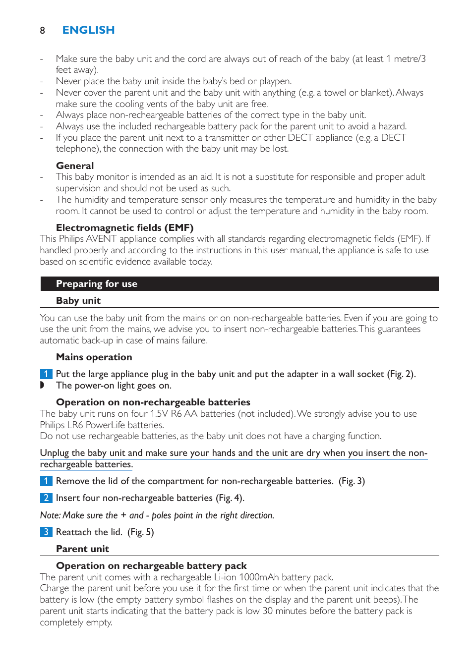 General, Electromagnetic fields (emf), Preparing for use | Baby unit, Mains operation, Operation on non-rechargeable batteries, Parent unit, Operation on rechargeable battery pack | Philips AVENT Vigilabebés DECT User Manual | Page 8 / 212