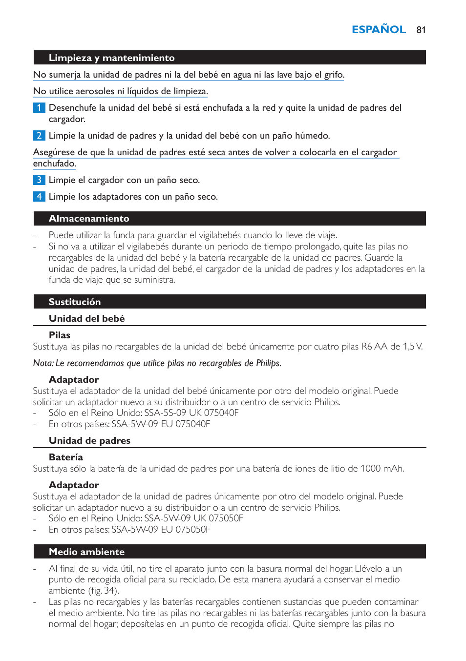 Limpieza y mantenimiento, Almacenamiento, Sustitución | Unidad del bebé, Pilas, Adaptador, Unidad de padres, Batería, Medio ambiente | Philips AVENT Vigilabebés DECT User Manual | Page 81 / 212