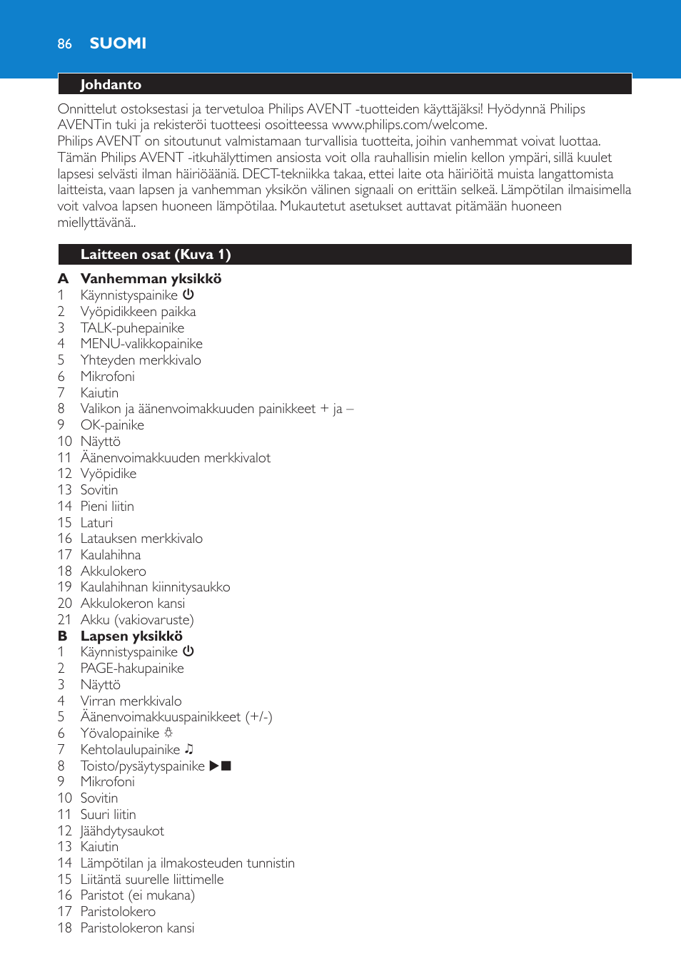 Suomi, Johdanto, Laitteen osat (kuva 1) | Philips AVENT Vigilabebés DECT User Manual | Page 86 / 212