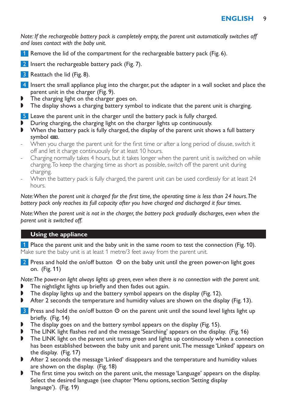 Using the appliance | Philips AVENT Vigilabebés DECT User Manual | Page 9 / 212