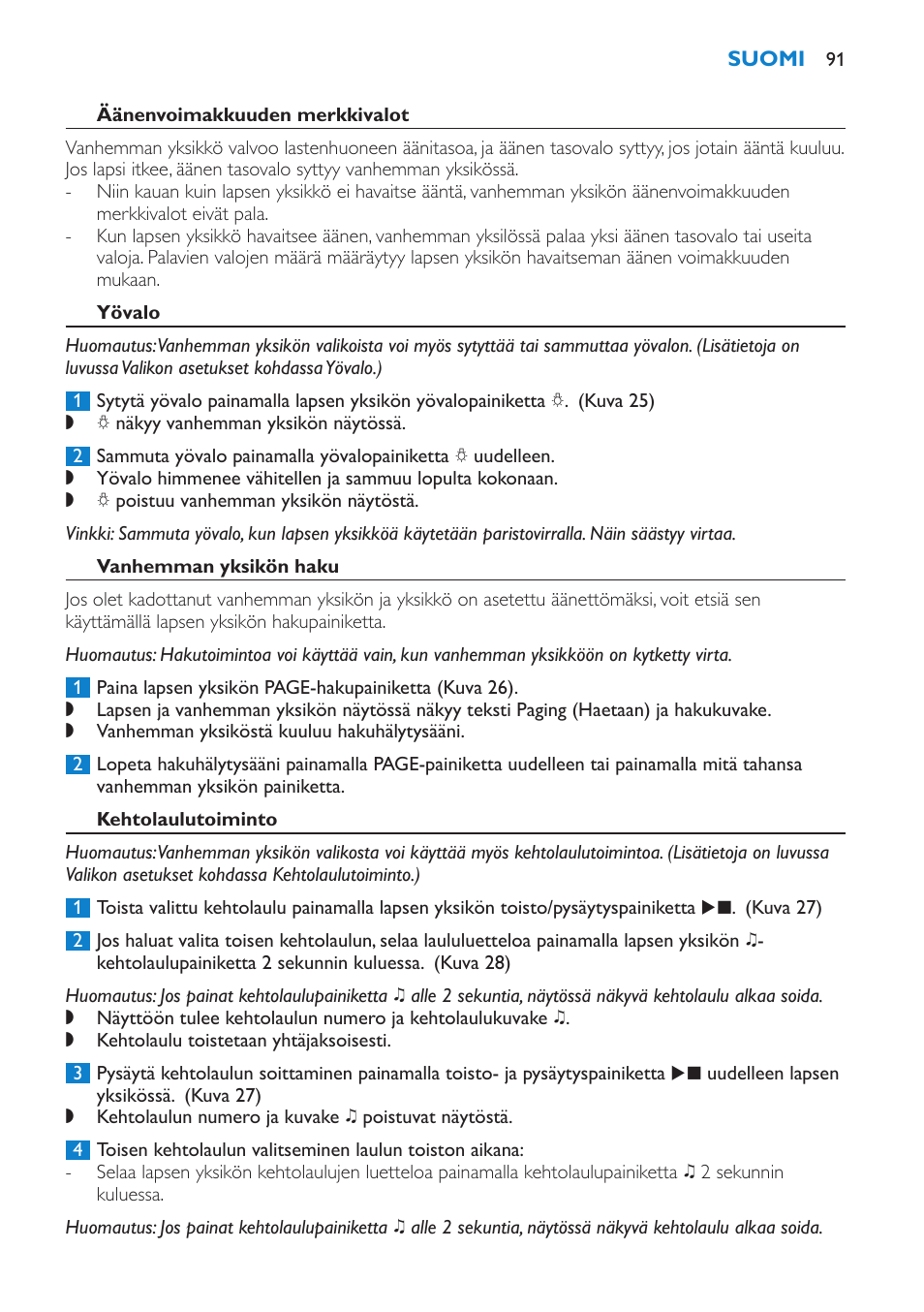 Äänenvoimakkuuden merkkivalot, Yövalo, Vanhemman yksikön haku | Kehtolaulutoiminto | Philips AVENT Vigilabebés DECT User Manual | Page 91 / 212