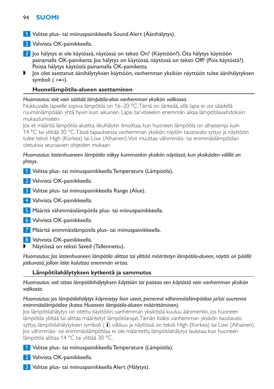 Huonelämpötila-alueen asettaminen, Lämpötilahälytyksen kytkentä ja sammutus | Philips AVENT Vigilabebés DECT User Manual | Page 94 / 212