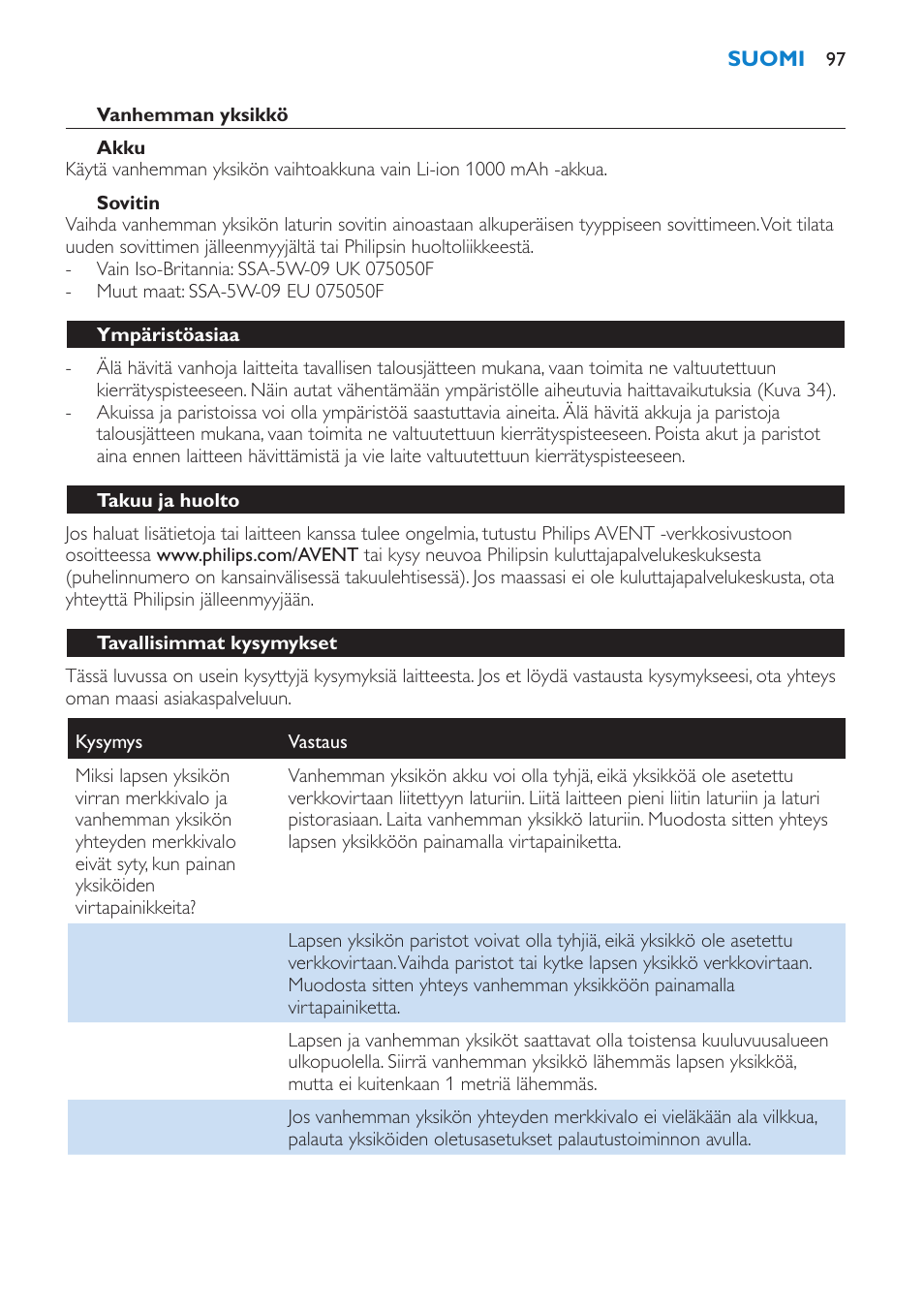 Vanhemman yksikkö, Akku, Sovitin | Ympäristöasiaa, Takuu ja huolto, Tavallisimmat kysymykset | Philips AVENT Vigilabebés DECT User Manual | Page 97 / 212