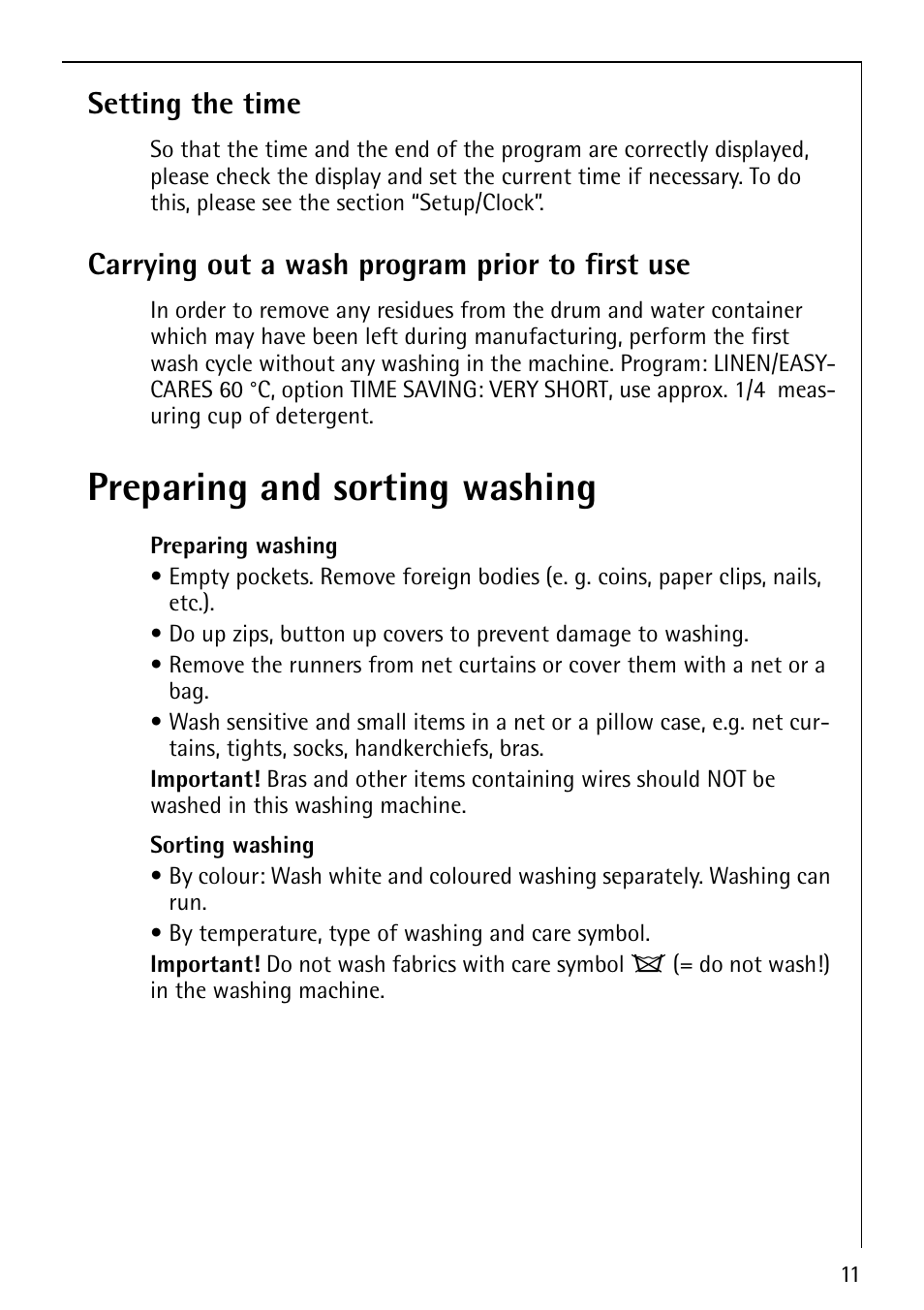 Preparing and sorting washing, Setting the time, Carrying out a wash program prior to first use | AEG LAVAMAT 88810 User Manual | Page 11 / 48