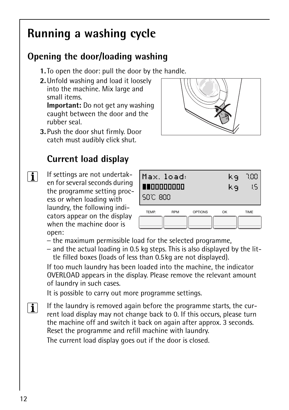 Running a washing cycle, Opening the door/loading washing, Current load display | AEG LAVAMAT 88810 User Manual | Page 12 / 48