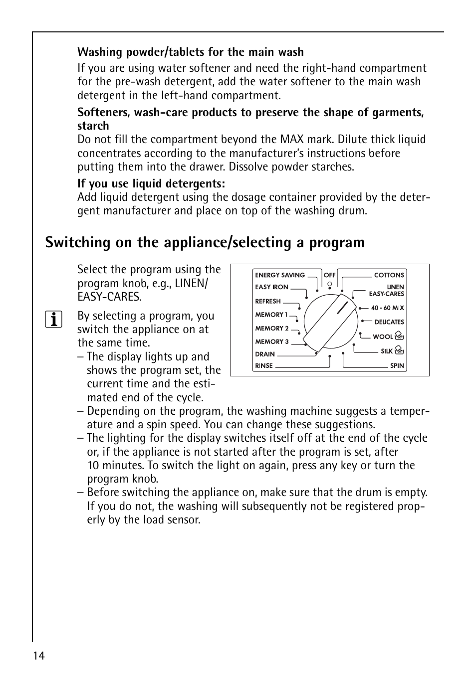 Switching on the appliance/selecting a program | AEG LAVAMAT 88810 User Manual | Page 14 / 48